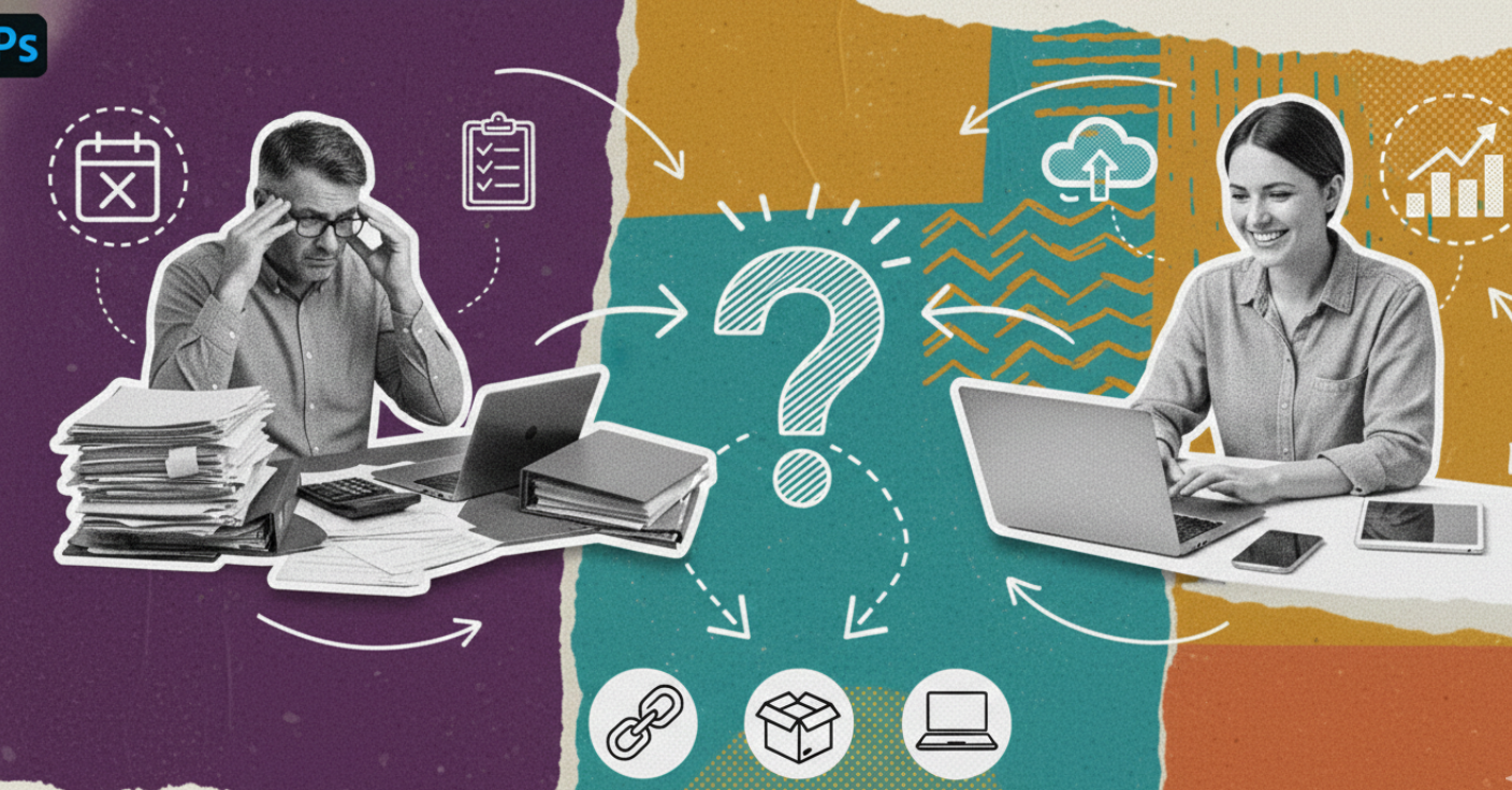 Pessoa trocando de contador, com documentos e computador.