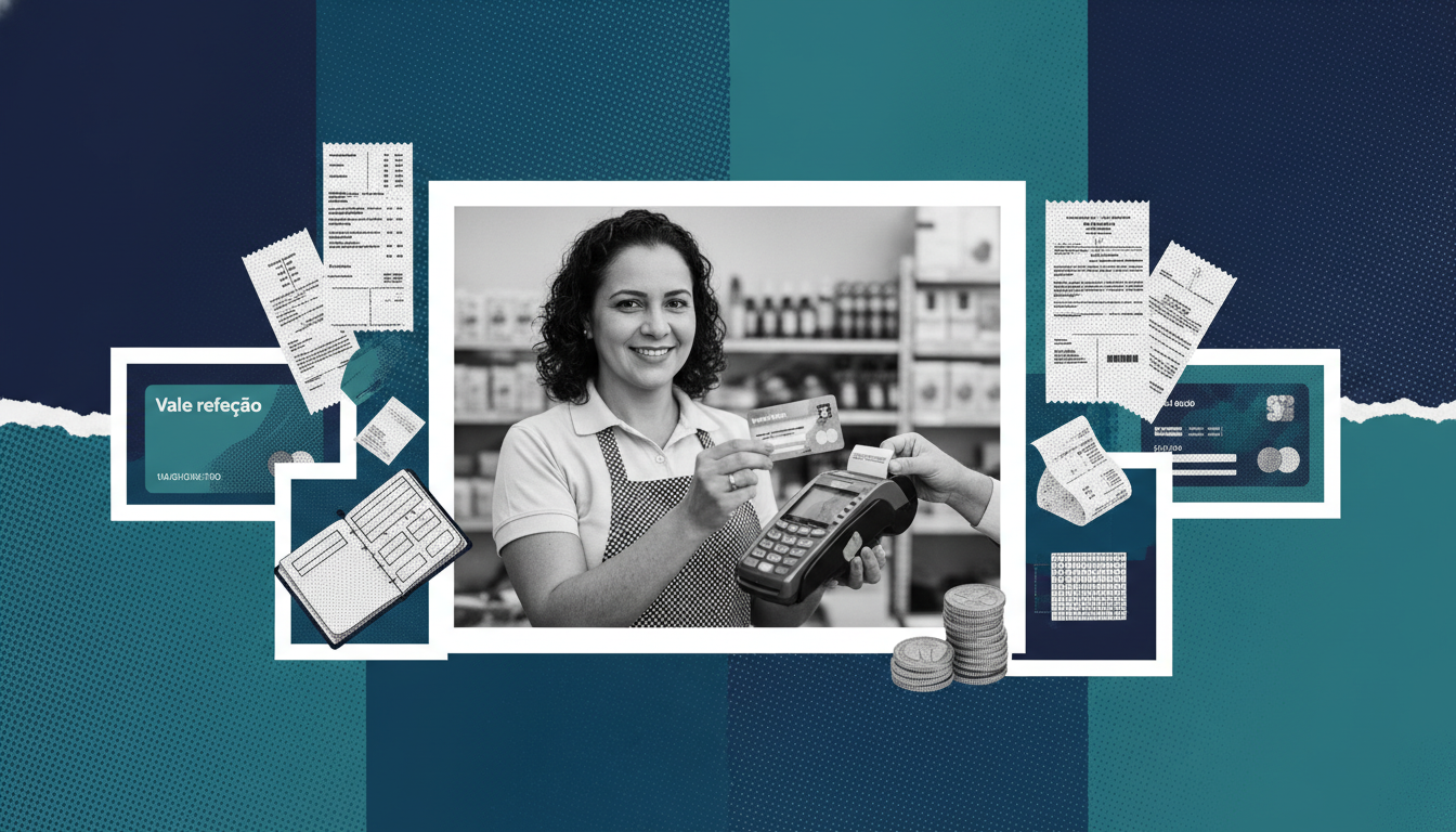 Maquininha de cartão sendo usada para pagamento com vale refeição em estabelecimento comercial.