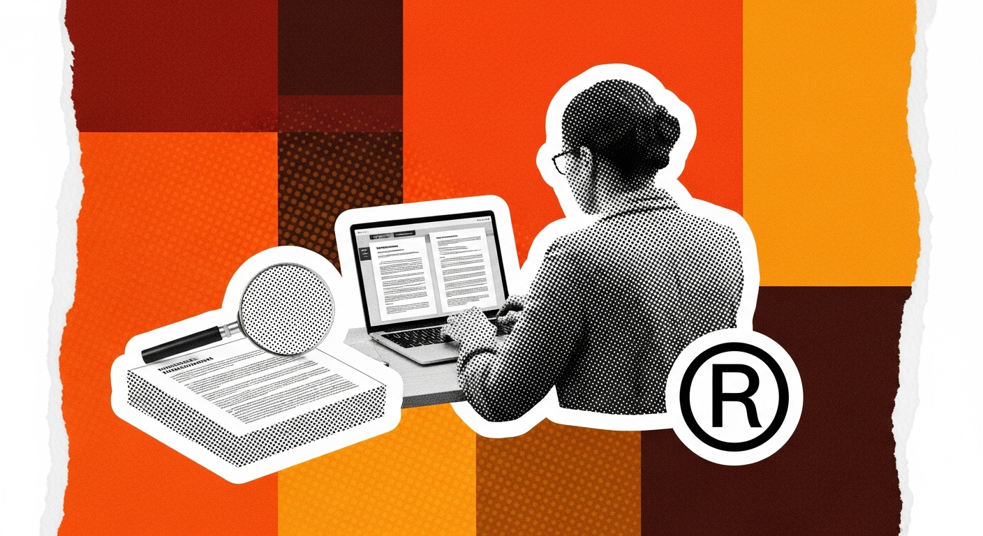 Profissional consultando documentos de marca registrada em laptop