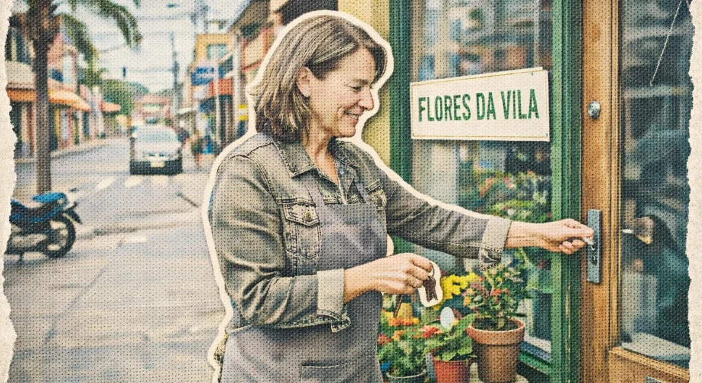 Mesa com caderno, caneta e laptop simbolizando ideias de negócio