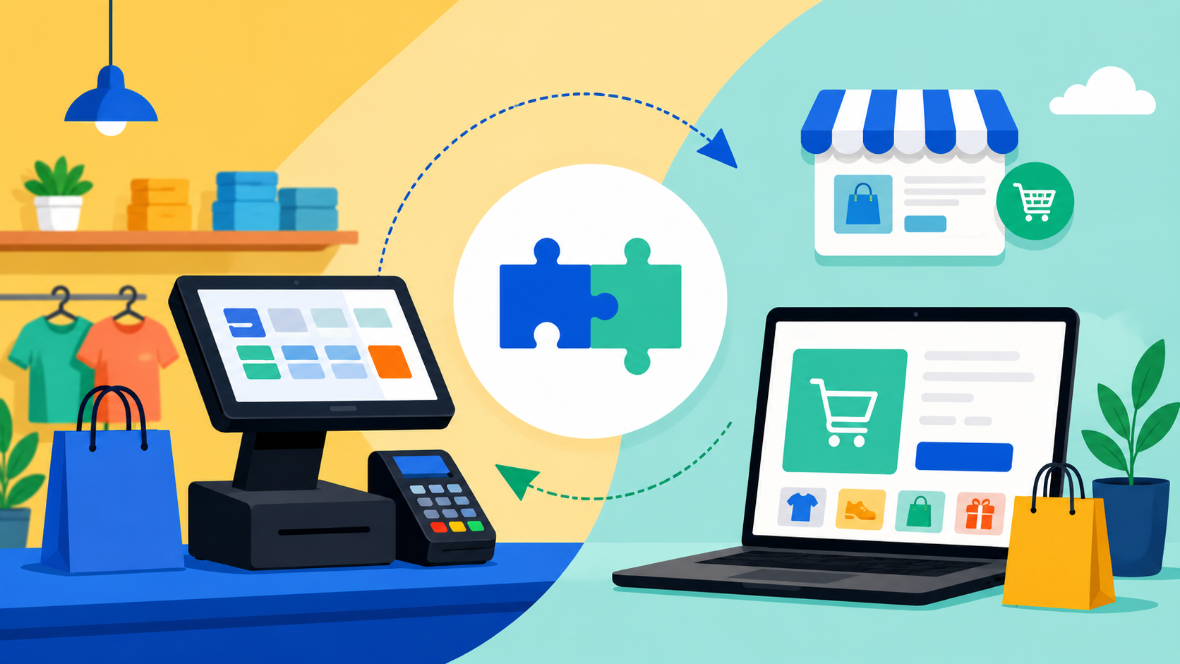 Ilustração de um sistema PDV conectado ao checkout de uma loja virtual