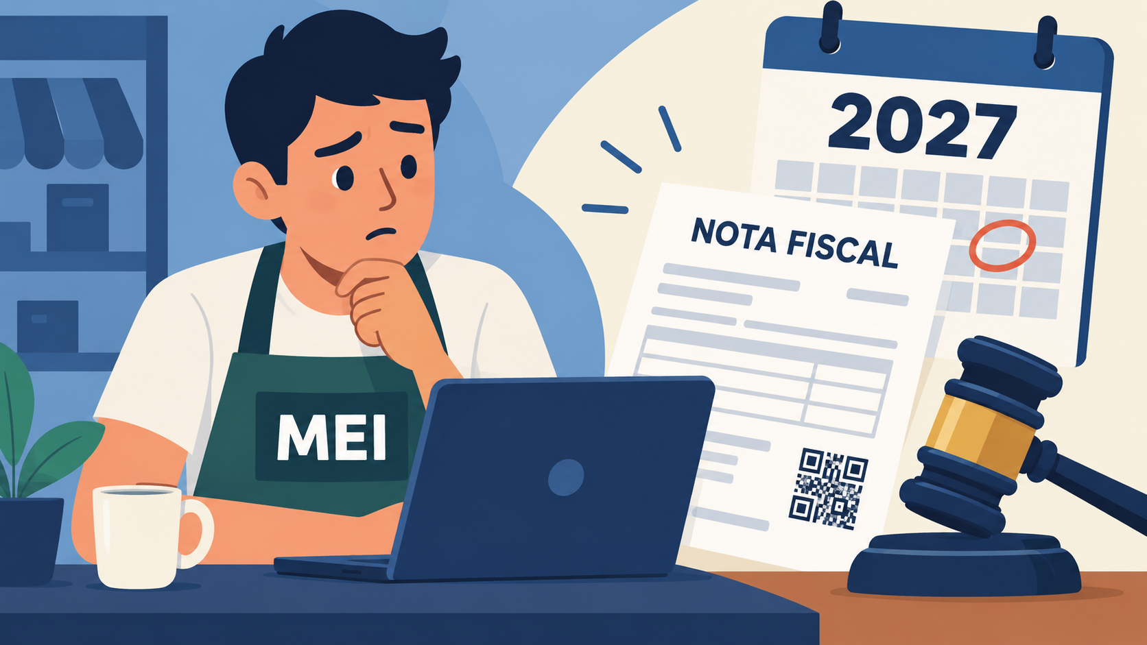 MEI preocupado analisando documento de nota fiscal no laptop, com calendário de 2027 e martelo de juiz ao fundo