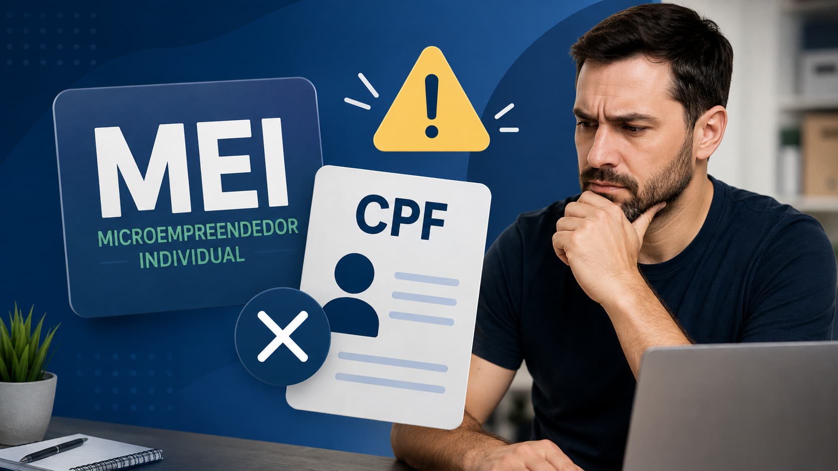 Empreendedor MEI preocupado ao notebook, com ícones de MEI, CPF e alerta de desenquadramento.