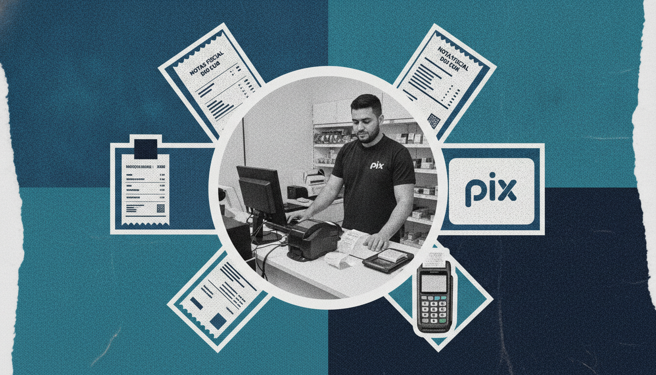 Lojista operando o caixa com sistema PDV, leitor de código de barras e impressora de cupom