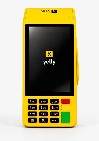 Maquininha Yelly Pro amarela com tela colorida e impressora de comprovante